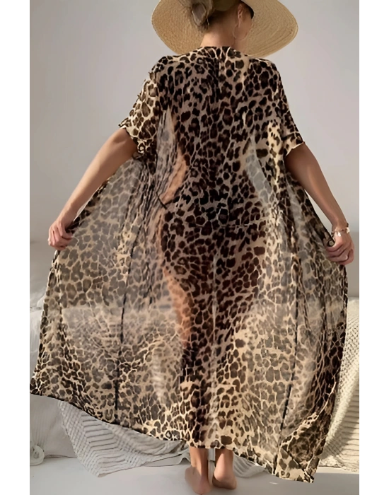 Özel Tasarım Bikini & Mayo Üstüne Şifon Uzun Önden Bağlamalı Leopar Plaj Elbisesi Pareo Kimono