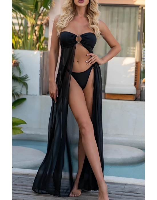 Özel Tasarım Bikini & Mayo Üstüne Siyah Uzun Yırtmaçlı Pareo