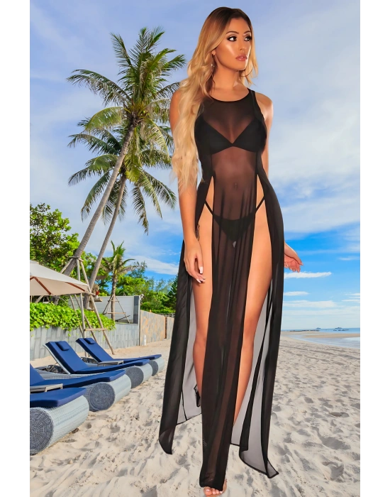 Özel Tasarım Bikini & Mayo Üstüne Siyah Uzun Yırtmaçlı Pareo Elbise