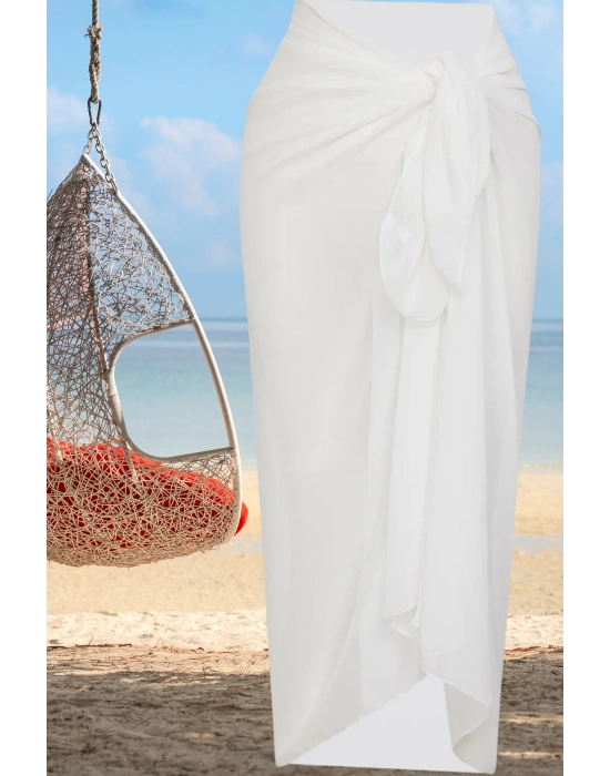 Özel Tasarım Bikini & Mayo Üstüne Uzun Tül Beyaz Pareo