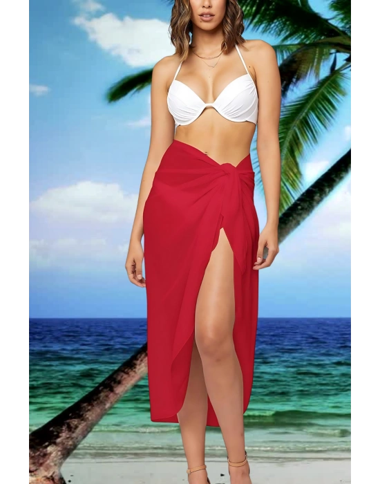 Özel Tasarım Bikini & Mayo Üstüne Uzun Tül Kırmızı Pareo