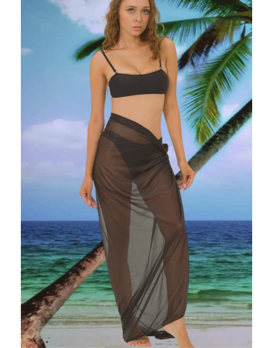 Özel Tasarım Bikini & Mayo Üstüne Uzun Tül Siyah Pareo