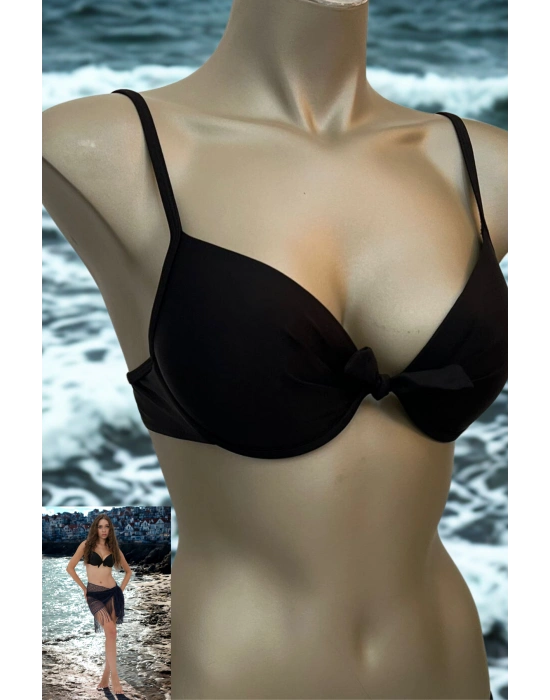 Özel Tasarım Fiyonklu Şık Siyah Bikini Üst