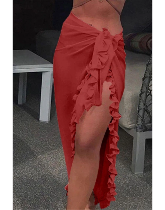 Özel Tasarım Mayo Üstü Süprem Tül Yanları Fırfırlı Kırmızı Pareo
