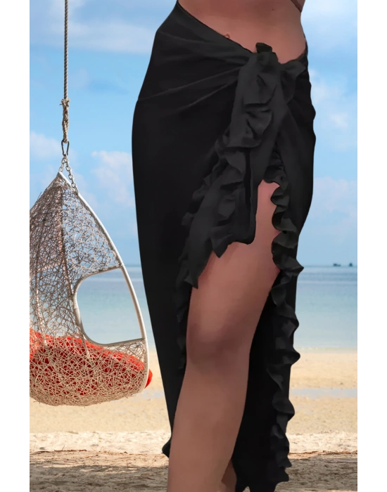 Özel Tasarım Mayo Üstü Süprem Tül Yanları Fırfırlı Siyah Pareo