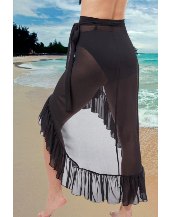 Özel Tasarım Mayo Üstü Süprem Tül Yanları Fırfırlı Siyah Pareo