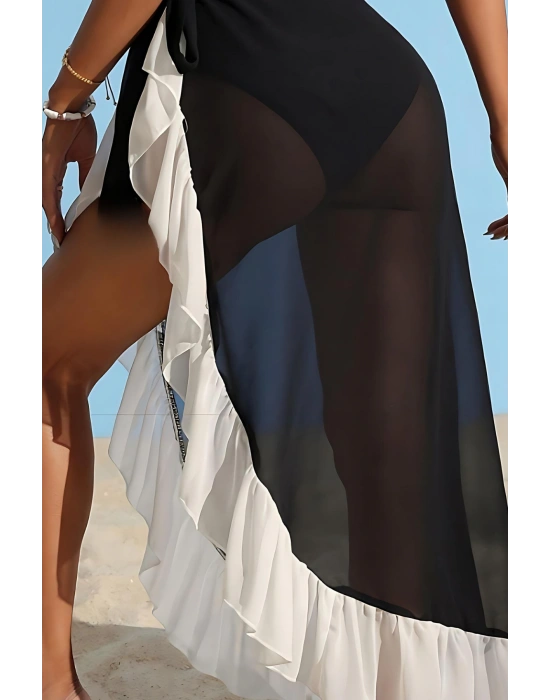 Özel Tasarım Mayo Üstüne Fırfırlı Süprem Siyah-Beyaz Tül Uzun Pareo