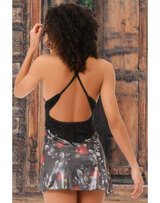 Saten Görünümlü Süprem Üstüne Çiçek Baskılı İp Askı İnce ŞIK Üstü Dantelli Gecelik set 95004