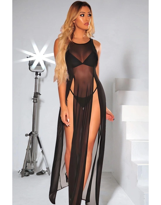 Siyah Yanlardan Yırtmaçlı Uzun Fantezi Sexi Fantezi Gecelik Model 68000S