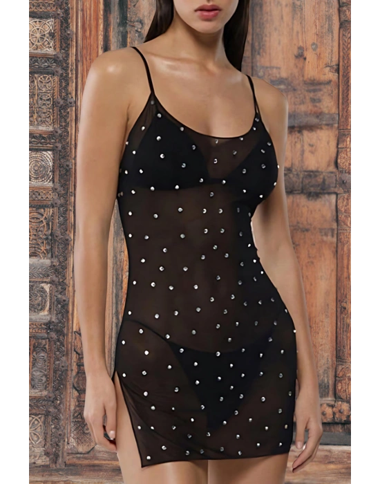 Tül Üstüne Taş İşlemeli Fantezi GecelikModellerimiz 75006