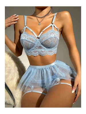 Bebe Mavi Bel Tüllü Kadın Seksi Fantezi Jartiyer Takım 2059