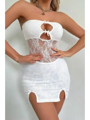 Beyaz Dantel İşlemeli Göğüs Dekolteli Seksi 5081