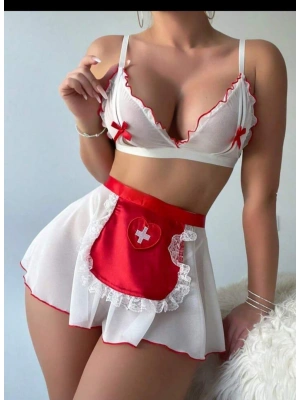 Beyaz Kenarları Dantel Sütyen Etek Hemşire Kostüm Kıyafeti şık 52091