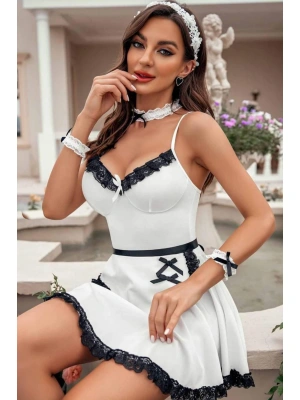 Beyaz Süprem Ve Siyah Dantelli Şık Hizmetci Kostümü 51250