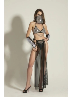 FANTEZİ DANSÖZ KOSTÜMÜ SİYAH/GÜMÜŞ (MGP6456)