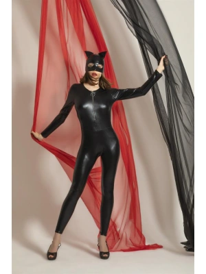 FANTEZİ DERİ KEDİ KIZ KOSTÜMÜ SİYAH (MGP6330)