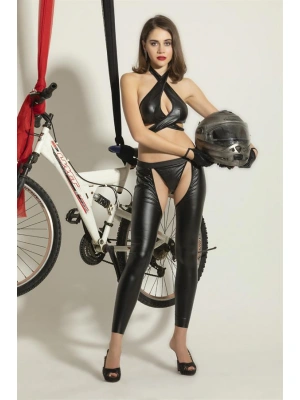 FANTEZİ DERİ MOTOSİKLETÇİ KIZ KOSTÜMÜ SİYAH (MGP6344)
