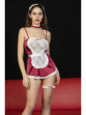 FANTEZİ HİZMETÇİ KOSTÜMÜ BORDO (MGP6542)