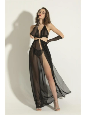 FANTEZİ TRANSPARAN ELBİSE STRİNG TAKIM SİYAH (MGP6132)