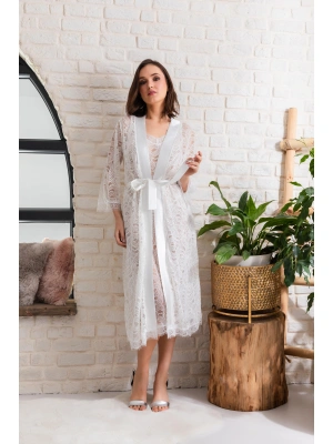 GELİN SET TRANSPARAN MİDİ BOY KUŞAKLI SABAHLIK EKRU (MGP12176)