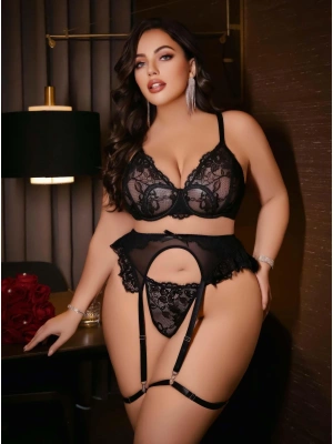 Kadın Büyük beden dantel detaylı fantezi jartiyer takımı 8010