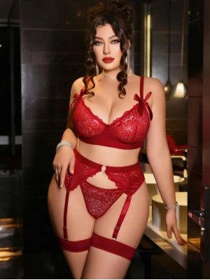 Kadın Büyük Beden Kırmızı Dantelli Jartiyerli Fantezi İç Giyim Takımı 8005