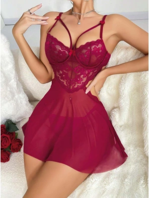 Kadın Kırmızı Fantezi Gecelik Tül Göğüs Dantel Dekolteli Fiyok detaylı 2162