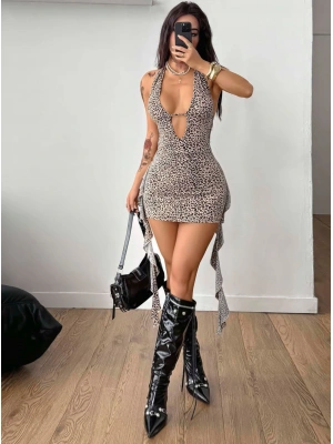 Kadın Leopar Desenli Fantezi Gece elbisesi 5114