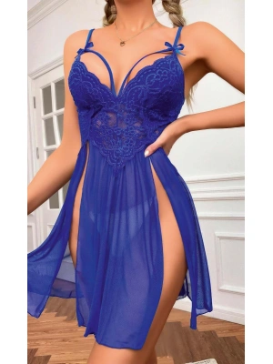 Kadın Saks Mavisi Fantezi Gecelik Tül Göğüs Dantel Dekolteli Fiyok detaylı Yırtmaçlı 2106