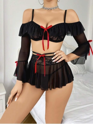 Kadın Siyah Etek Bustiyer Sexy Gecelik Takım 2157