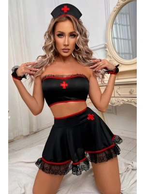 Kadın Siyah Süprem Penye Ve Dantelli Şık Hemşire Kostümü 52000