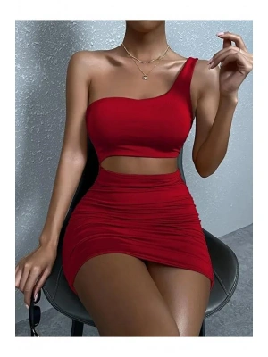 Kadın Tek Omuz Kesim Detaylı Büzgülü Fantezi Elbise 5078