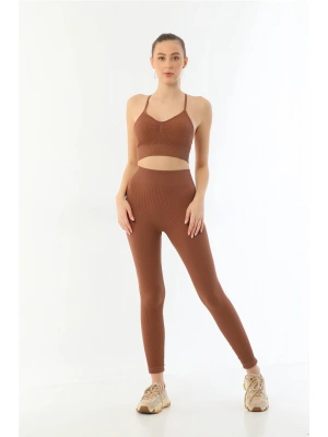 KAHVE MI Emay 3921 Soft Seamless Ripli Tayt Yoga Takımı