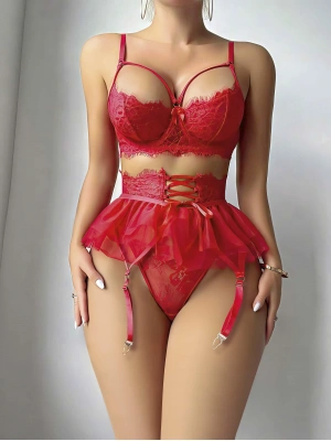 Kırmızı Etek Tül Fantezi Jartiyer Takım 2079