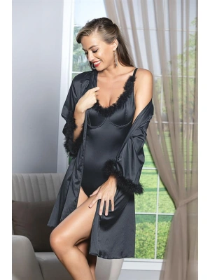 KUŞAKLI MİNİ BOY SATEN SABAHLIK SİYAH  (MGP11500)