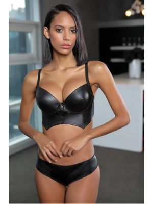 MOONLİGHT 323 DERİ GÖRÜNÜMLÜ SÜTYEN VE KÜLOT TAKIMI DESTEKLİ SİYAH