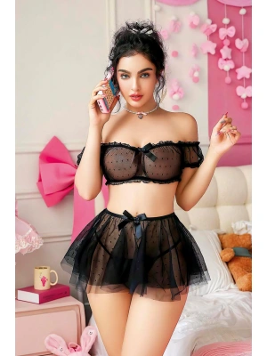 Nightlight Tül Puantiyeli Fantezi Etekli Takım Siyah 7051