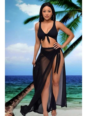 Özel Tasarım Bikini & Mayo Üstüne Uzun Tül Siyah Pareo