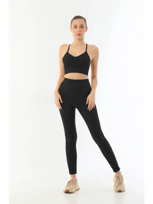 SİYAH MI Emay 3921 Soft Seamless Ripli Tayt Yoga Takımı