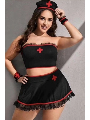 Siyah Süprem Penye Ve Dantelli Şık Hemşire Kostümü 52000BT