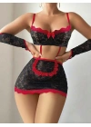 5 parça Kırmızı Siyah Dantel Çiçek Desen Hizmetçi Model Özel Fantezi Tanga Hediyeli 2043