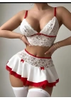 Beyaz Etekli Kırmızı Dantelli Fantezi Kostüm 2058