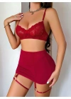 Kadın Bordo Etek Fantezi Jartiyer Sexy Gecelik Takım 2151