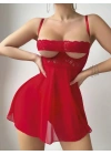 Kadın Kırmızı Fantezi Gecelik Tül Göğüs Dantel Dekolteli 2192