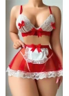 Kadın Kırmızı Fiyonklu Etekli Seksi Hizmetçi Kostümü 2125
