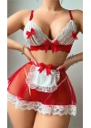 Kadın Kırmızı Fiyonklu Etekli Seksi Hizmetçi Kostümü 2125