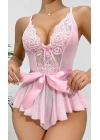 Kadın  Kontrast Dantel Kemerli Teddy Body Gecelik 2118