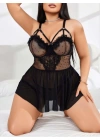 Kadın Nakışlı Siyah Gotik İp Askılı Büyük Beden Tüllü Transparan Fantezi Gecelik 8007