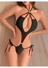 Kadın Siyah Fantezi Boyundan Bağlama Halka Detaylı Sexi Kostüm 2046
