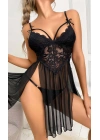 Kadın Siyah Fantezi Gecelik Tül Göğüs detaylı Yanları Dekolteli 2104